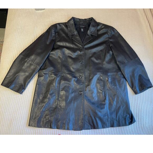 Avenue Soft Genuine Leather Black Collared Button Up Long Plus Size Jacket 22/24 - Picture 10 of 16
